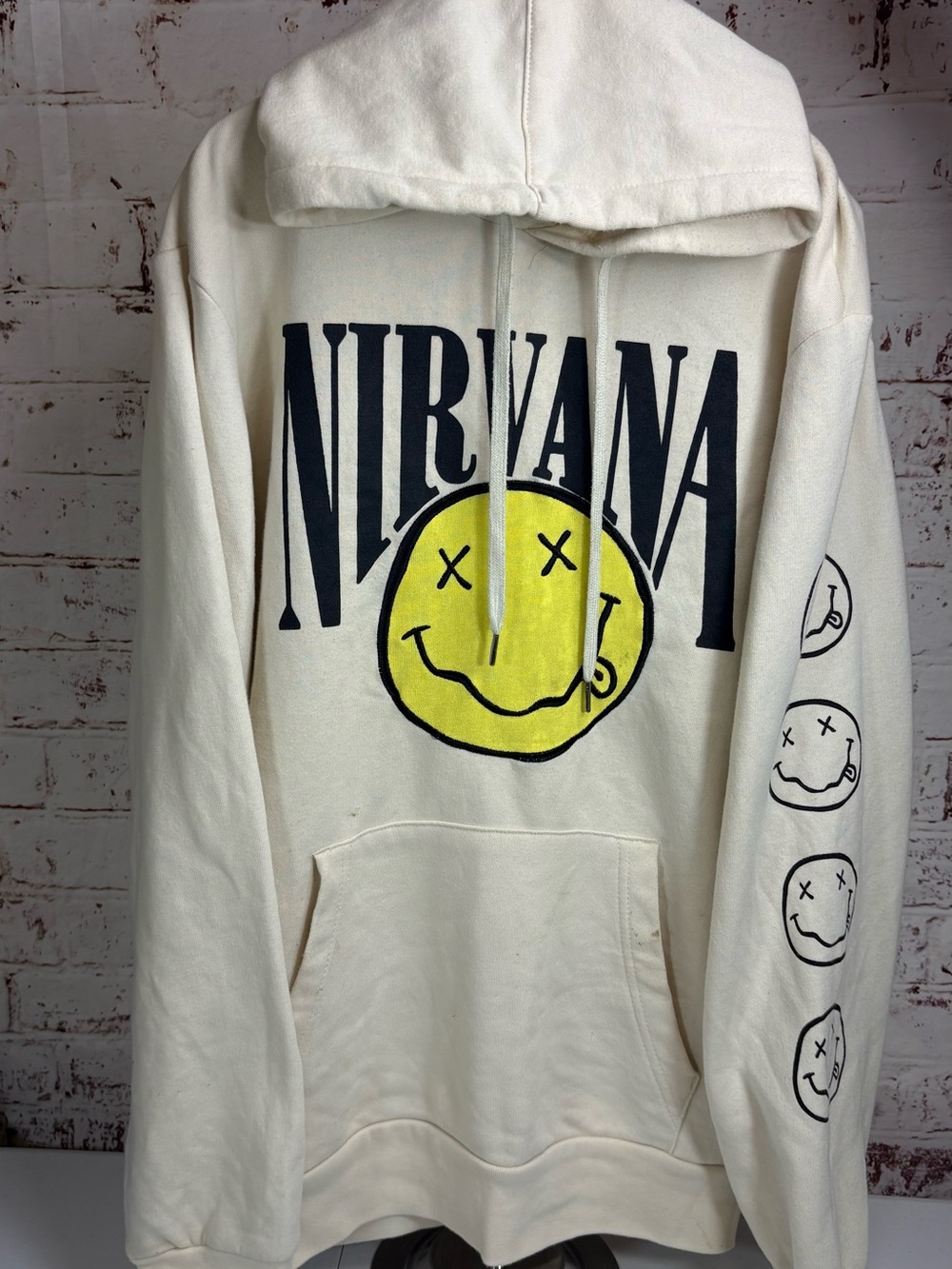 NIRVANA Cream Crewneck Hoodie with Yellow Smiley Logo